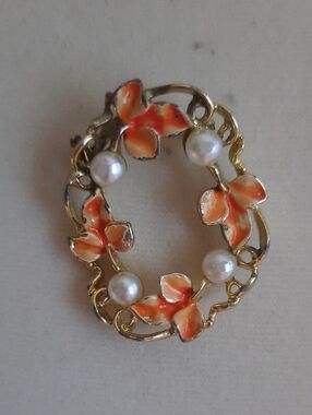 Gold-Tone Floral Pearl Accent Brooch - Orange Enamel
